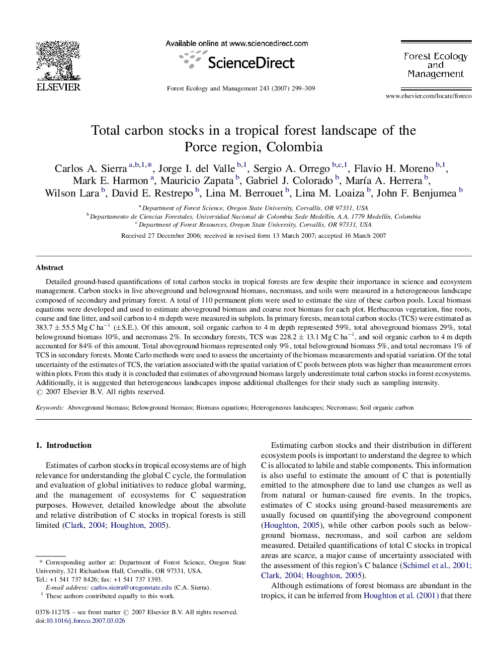 Total carbon stocks in a tropical forest landscape of the Porce region, Colombia