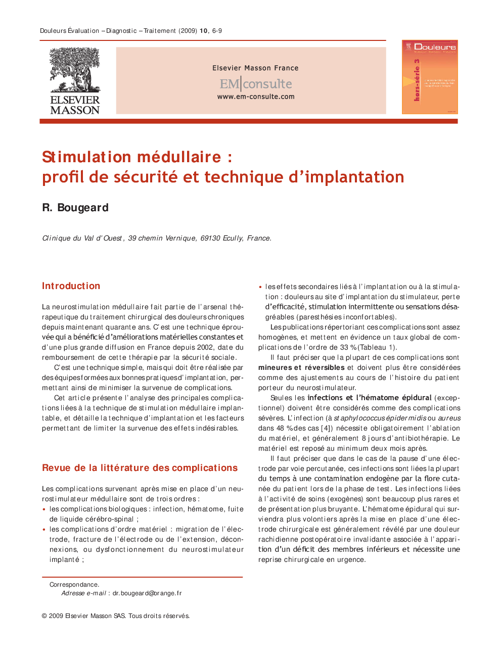 عکس صفحه اول مقاله: Stimulation médullaire : profil de sécurité et technique d'implantation Stimulation médullaire : profil de sécurité et technique d'implantation