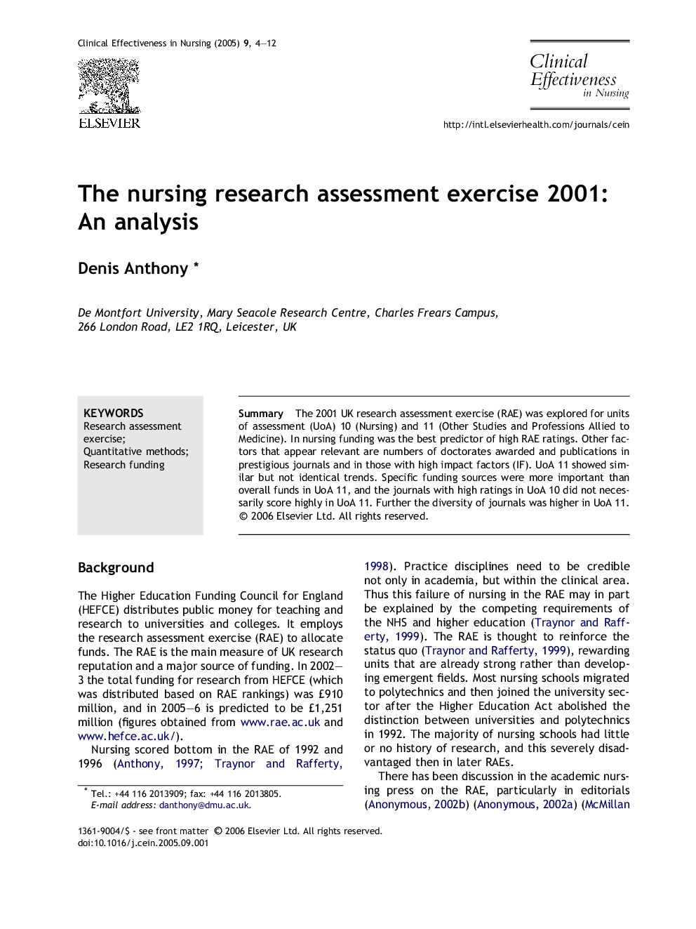 The nursing research assessment exercise 2001: An analysis