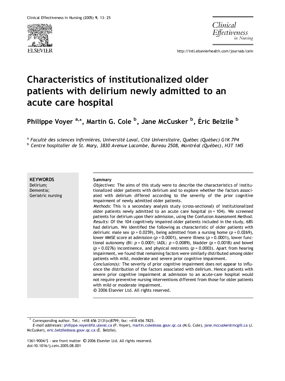 Characteristics of institutionalized older patients with delirium newly admitted to an acute care hospital