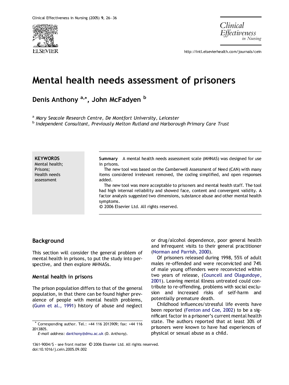 Mental health needs assessment of prisoners