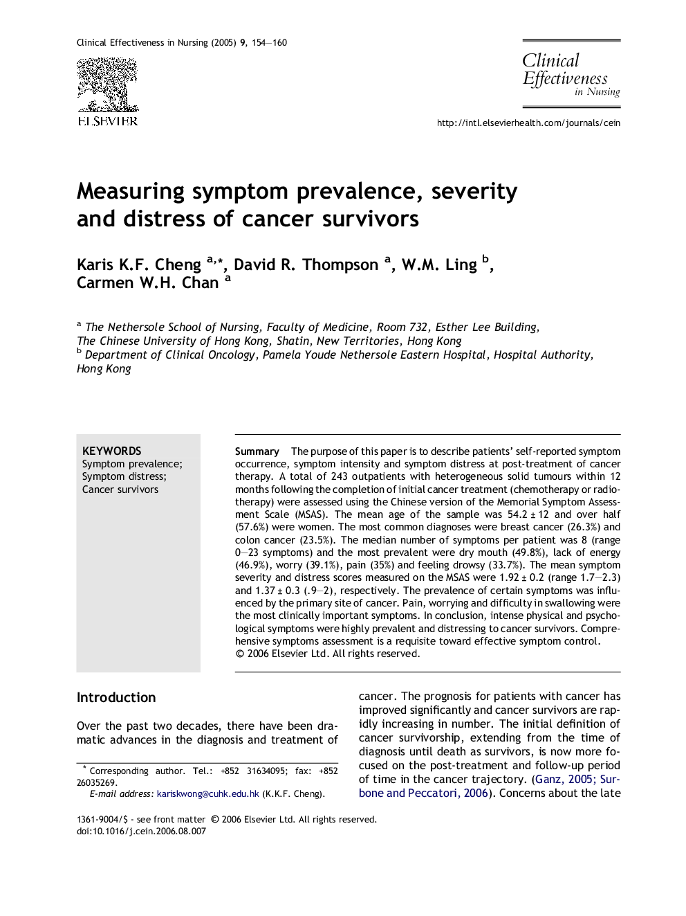 Measuring symptom prevalence, severity and distress of cancer survivors