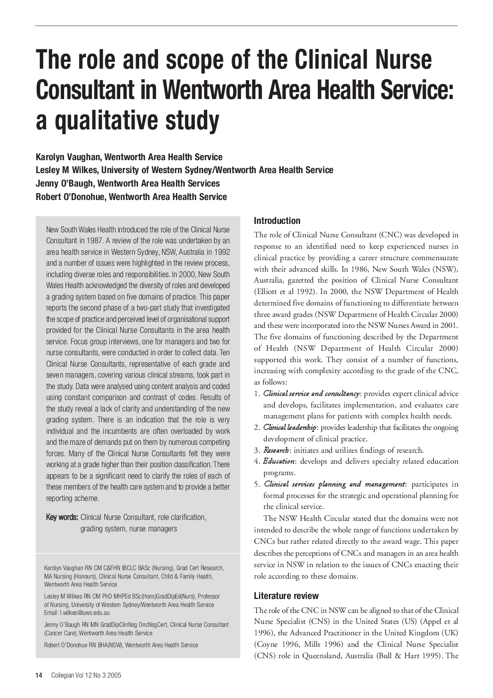 The role and scope of the Clinical Nurse Consultant in Wentworth Area Health Service: a qualitative study