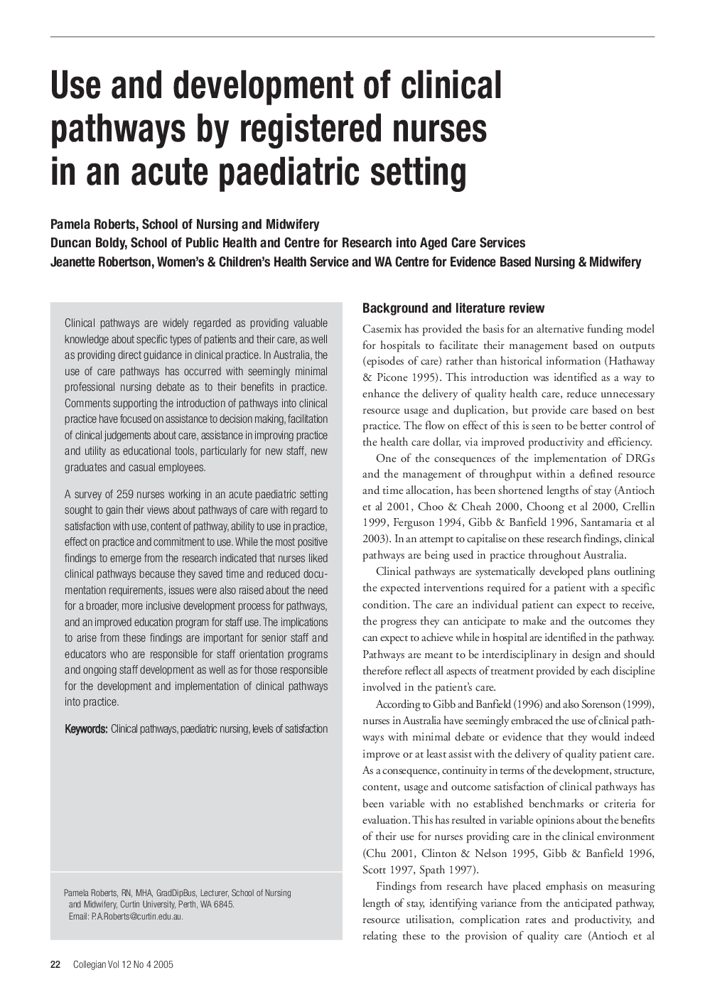 Use and development of clinical pathways by registered nurses in an acute paediatric setting