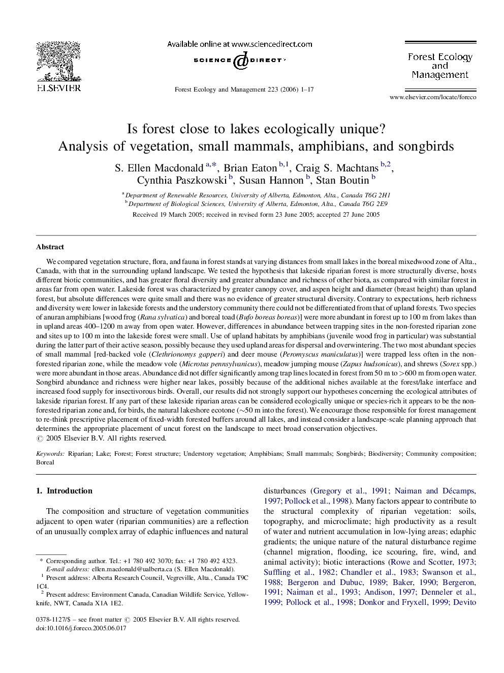 Is forest close to lakes ecologically unique?: Analysis of vegetation, small mammals, amphibians, and songbirds