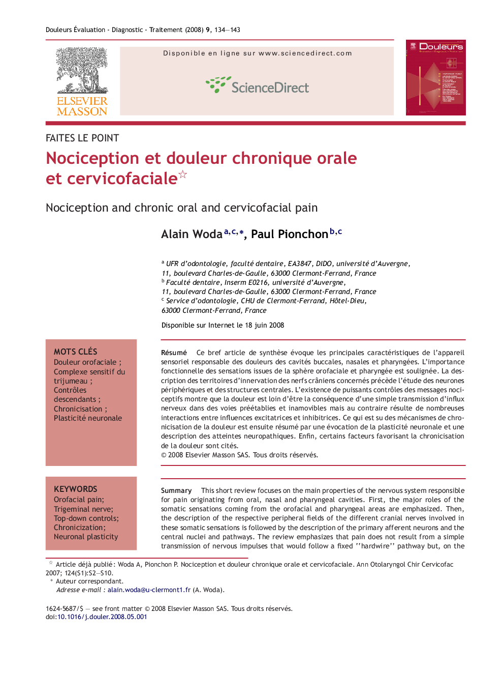 Nociception et douleur chronique orale et cervicofaciale