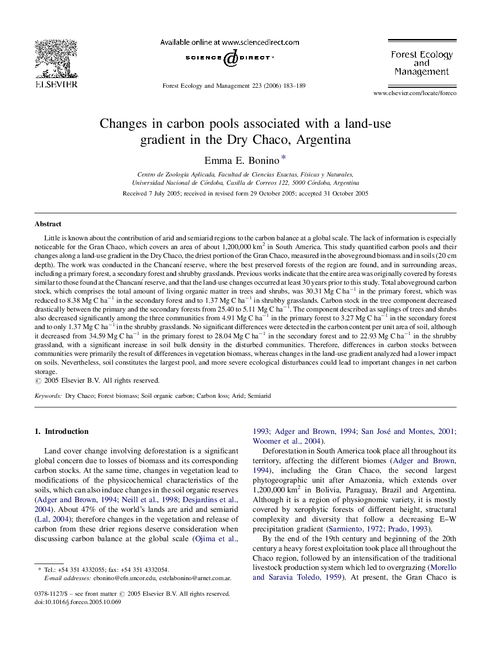 Changes in carbon pools associated with a land-use gradient in the Dry Chaco, Argentina