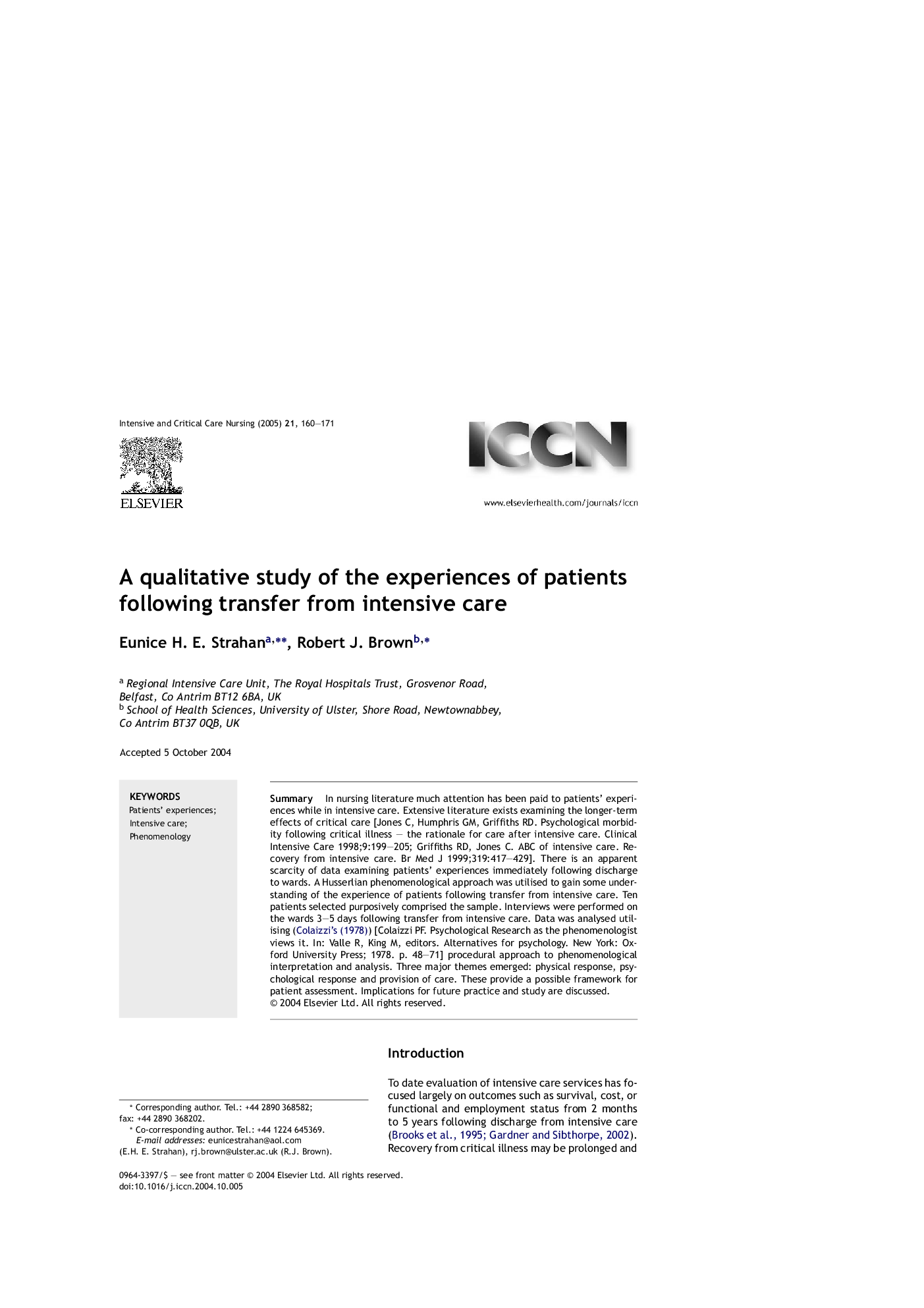 A qualitative study of the experiences of patients following transfer from intensive care