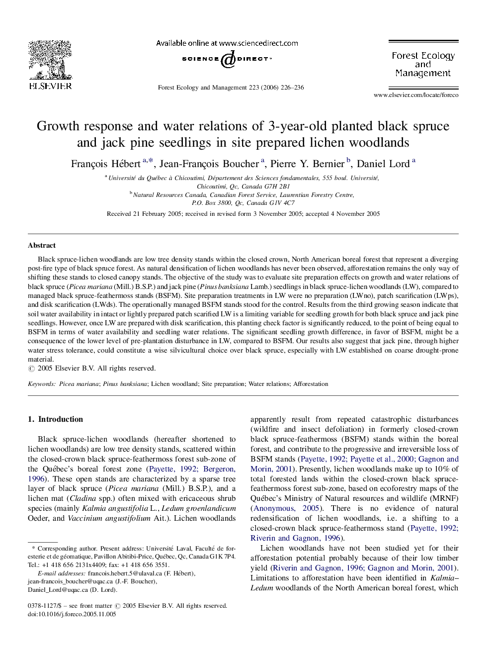 Growth response and water relations of 3-year-old planted black spruce and jack pine seedlings in site prepared lichen woodlands