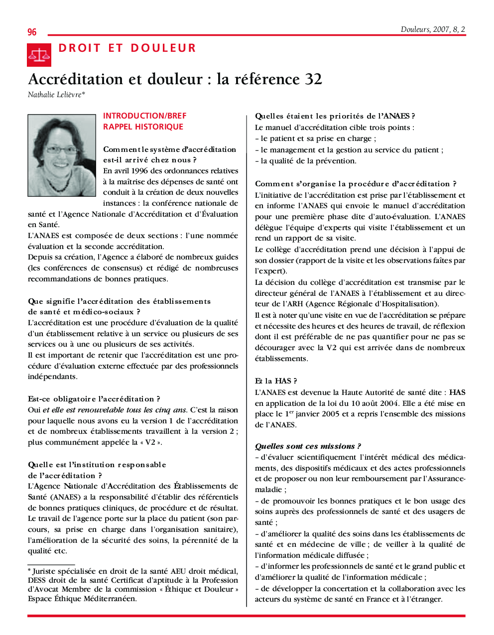عکس صفحه اول مقاله: Accréditation et douleur : la référence 32 Accréditation et douleur : la référence 32