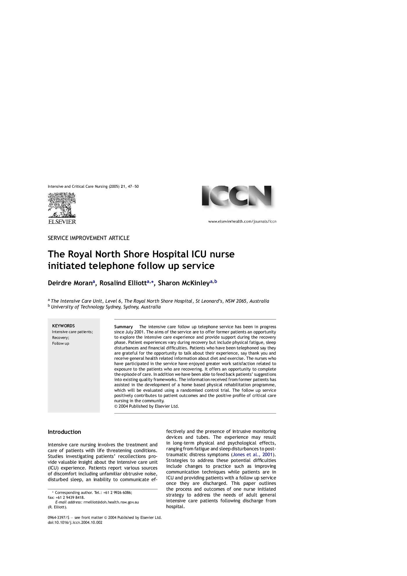 The Royal North Shore Hospital ICU nurse initiated telephone follow up service
