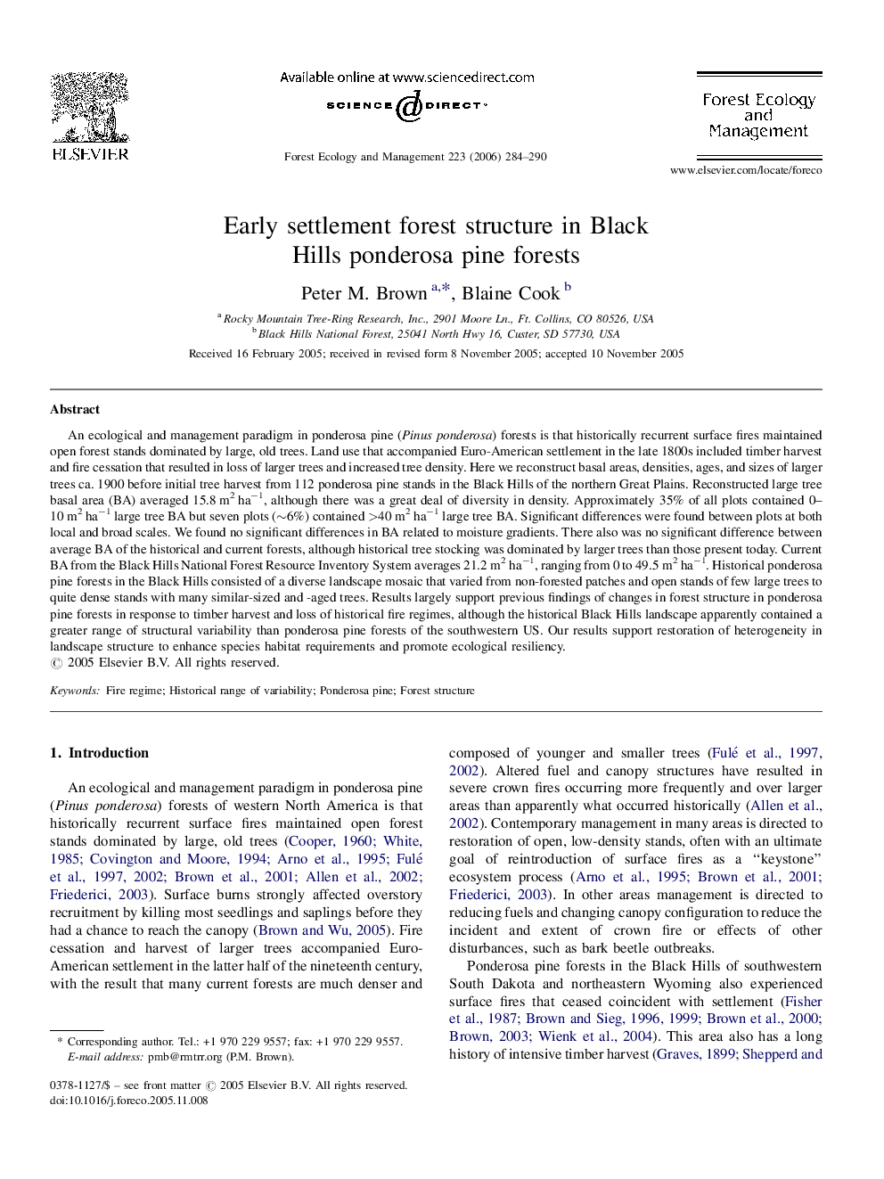 Early settlement forest structure in Black Hills ponderosa pine forests