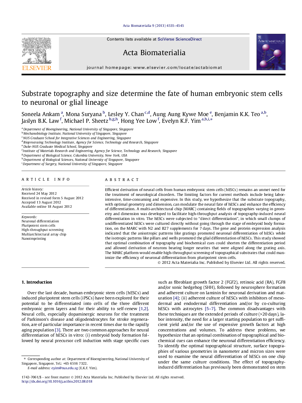 Substrate topography and size determine the fate of human embryonic stem cells to neuronal or glial lineage