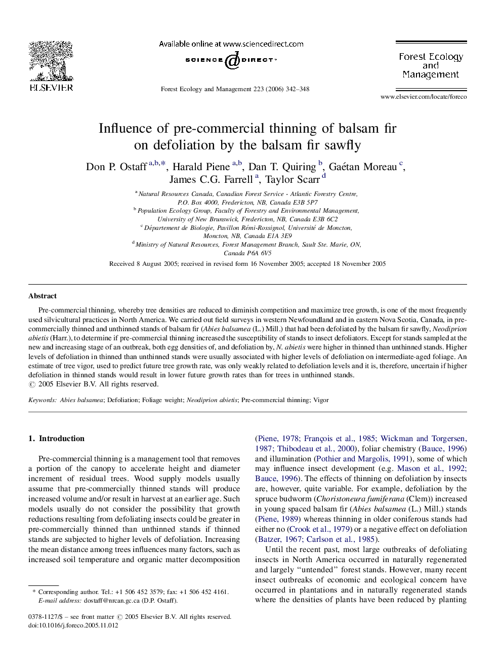 Influence of pre-commercial thinning of balsam fir on defoliation by the balsam fir sawfly