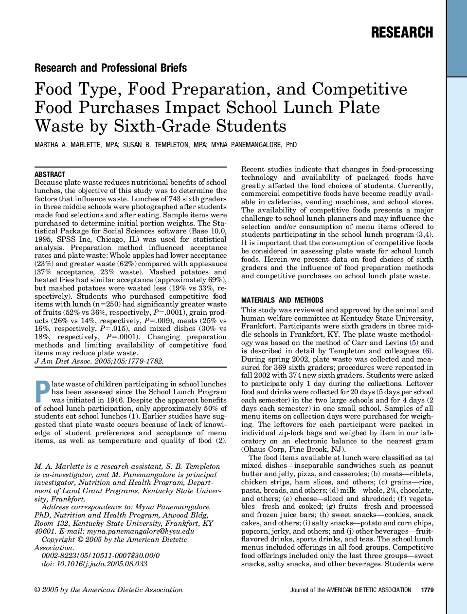 Food Type, Food Preparation, and Competitive Food Purchases Impact School Lunch Plate Waste by Sixth-Grade Students