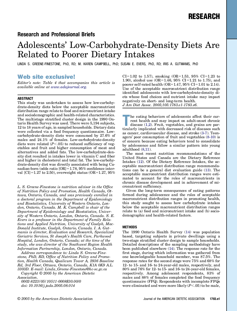 Adolescents' Low-Carbohydrate-Density Diets Are Related to Poorer Dietary Intakes