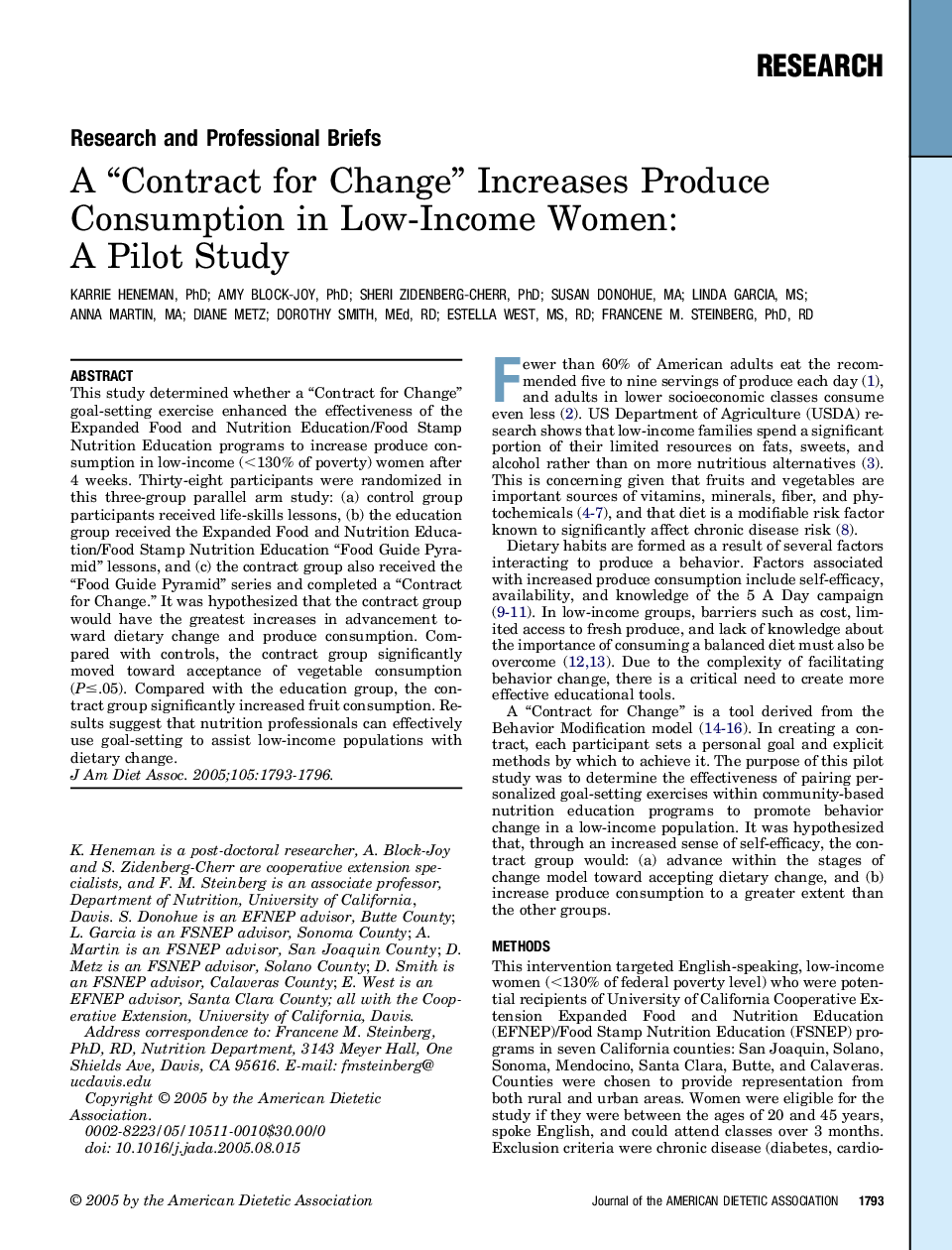 A “Contract for Change” Increases Produce Consumption in Low-Income Women: A Pilot Study