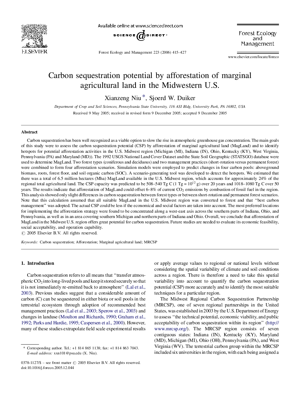 Carbon sequestration potential by afforestation of marginal agricultural land in the Midwestern U.S.