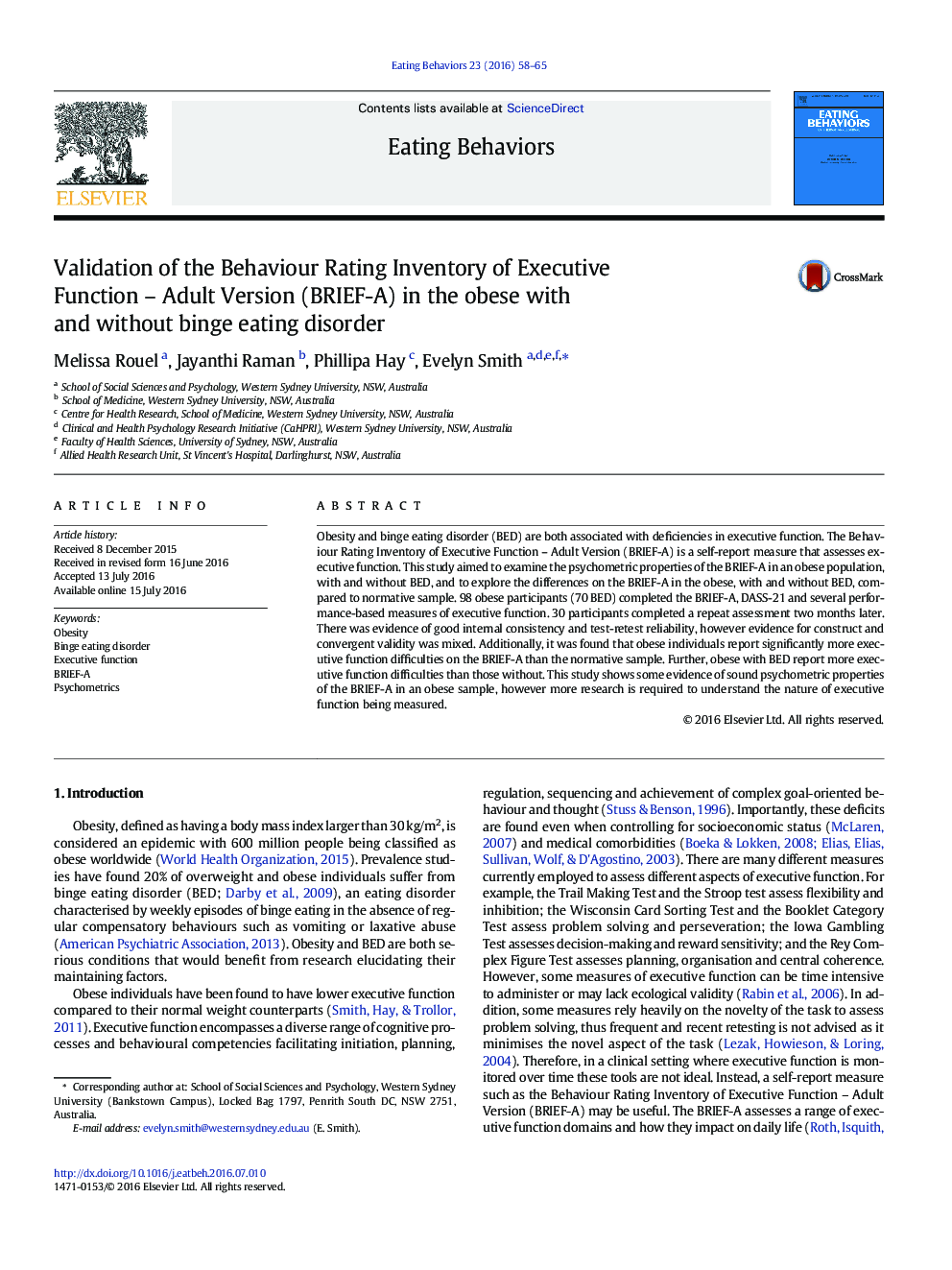 Validation of the Behaviour Rating Inventory of Executive Function – Adult Version (BRIEF-A) in the obese with and without binge eating disorder