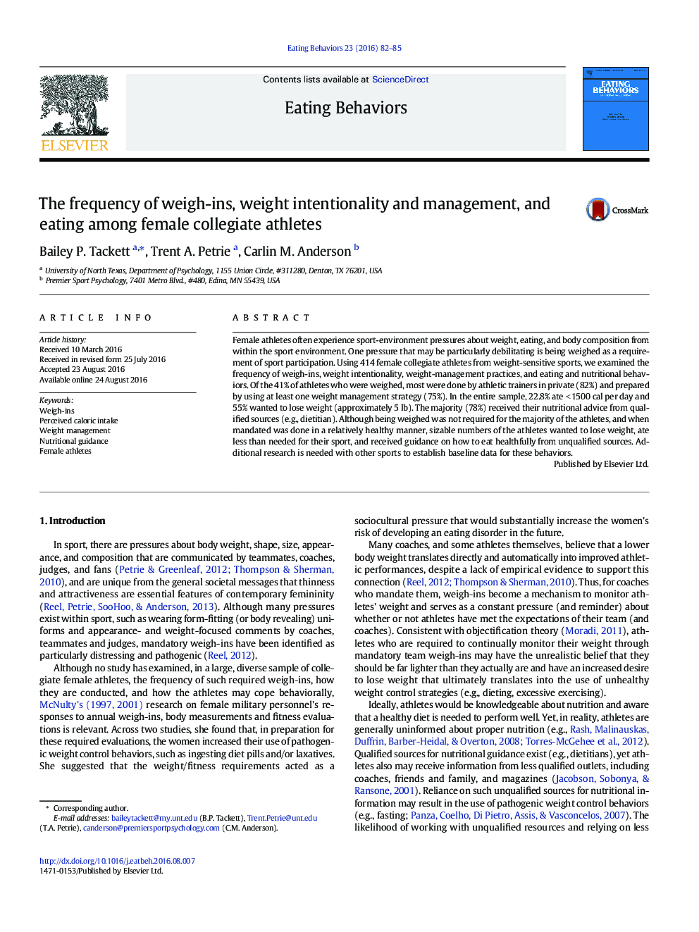 The frequency of weigh-ins, weight intentionality and management, and eating among female collegiate athletes