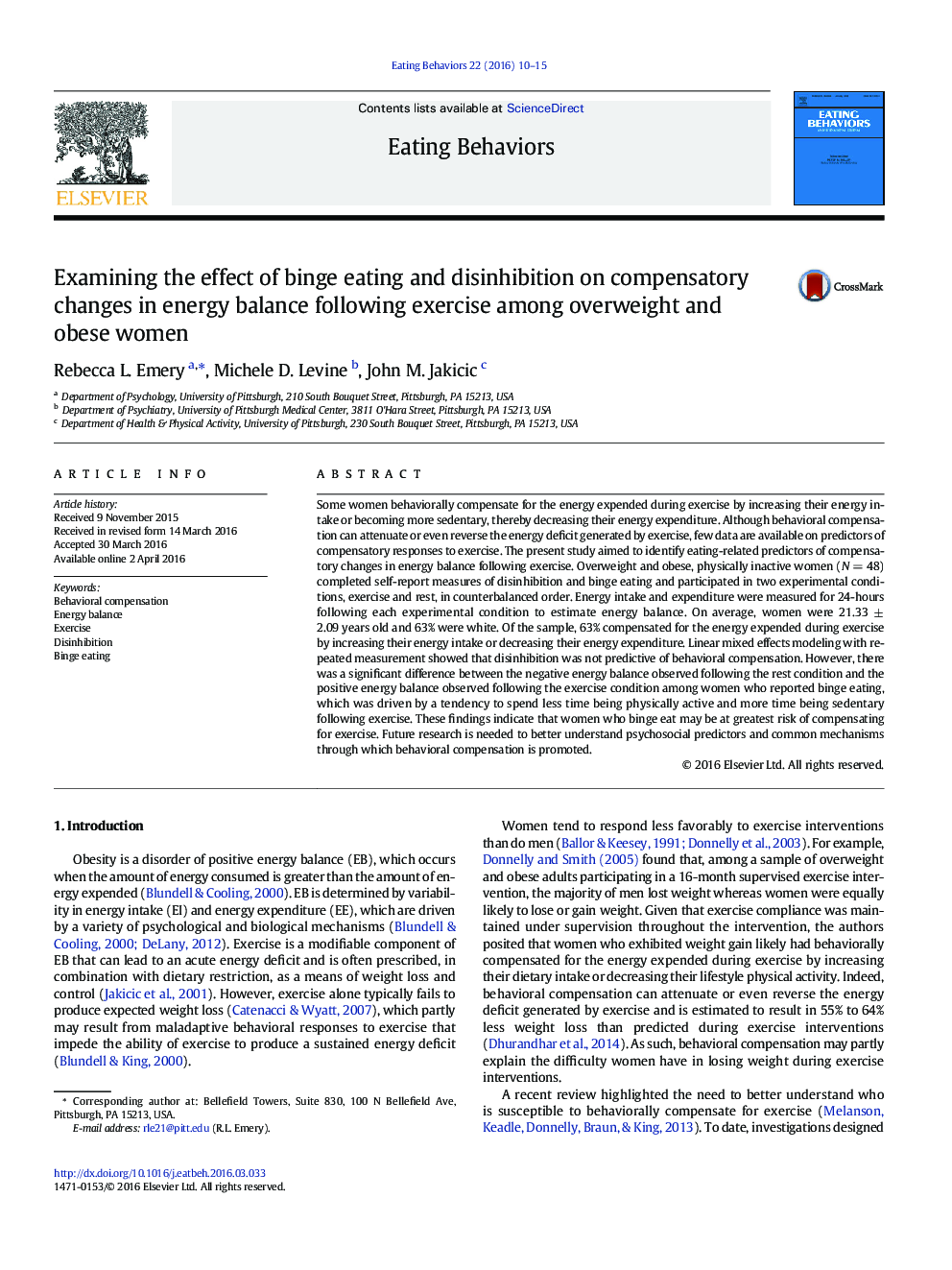 Examining the effect of binge eating and disinhibition on compensatory changes in energy balance following exercise among overweight and obese women