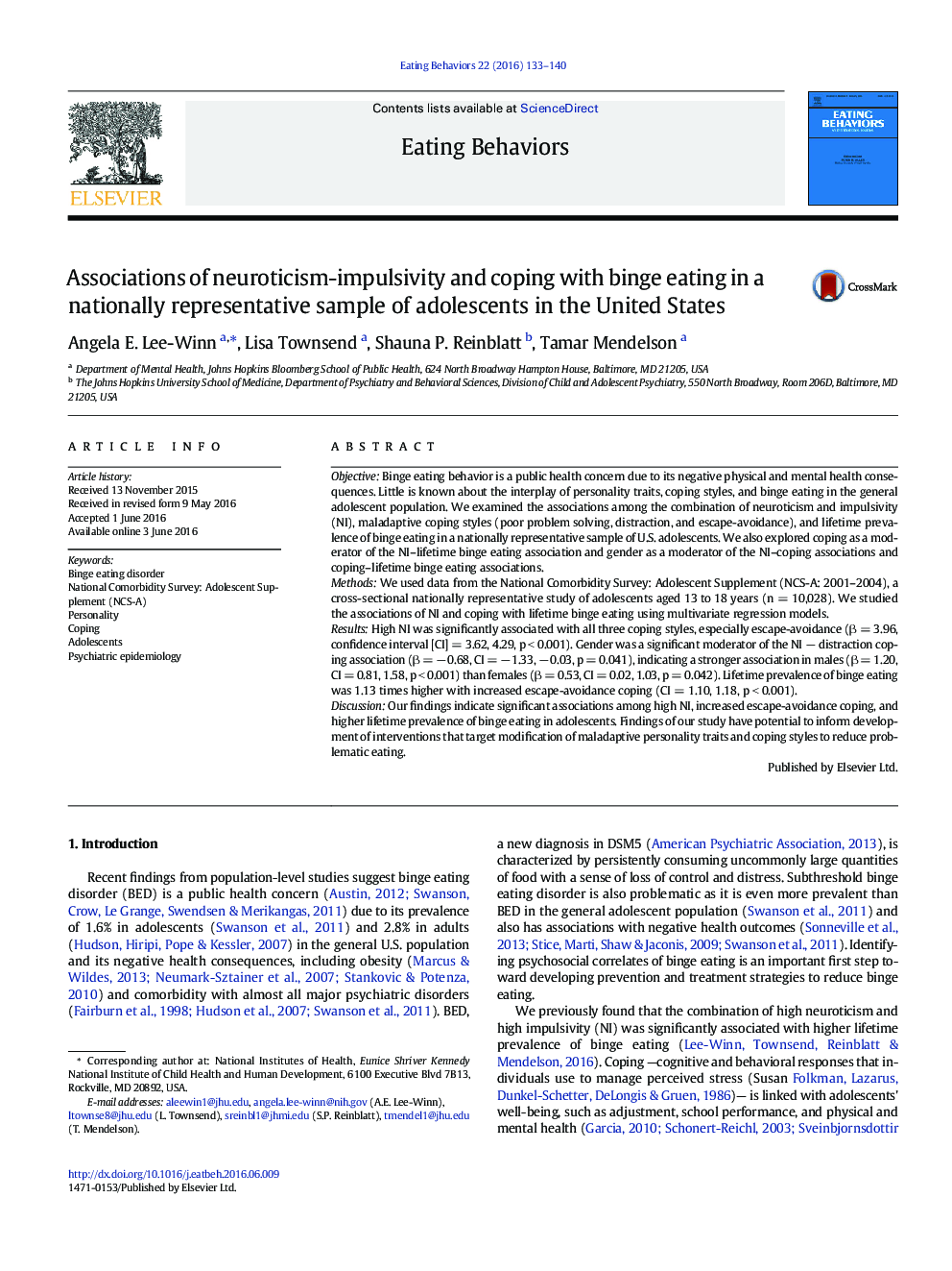 Associations of neuroticism-impulsivity and coping with binge eating in a nationally representative sample of adolescents in the United States