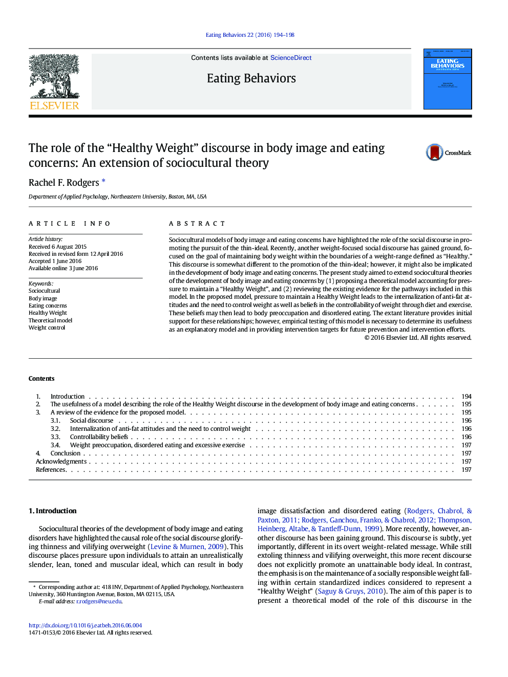 The role of the “Healthy Weight” discourse in body image and eating concerns: An extension of sociocultural theory