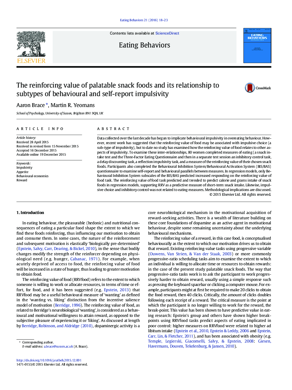 The reinforcing value of palatable snack foods and its relationship to subtypes of behavioural and self-report impulsivity