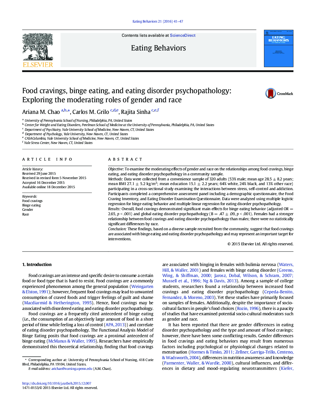 Food cravings, binge eating, and eating disorder psychopathology: Exploring the moderating roles of gender and race