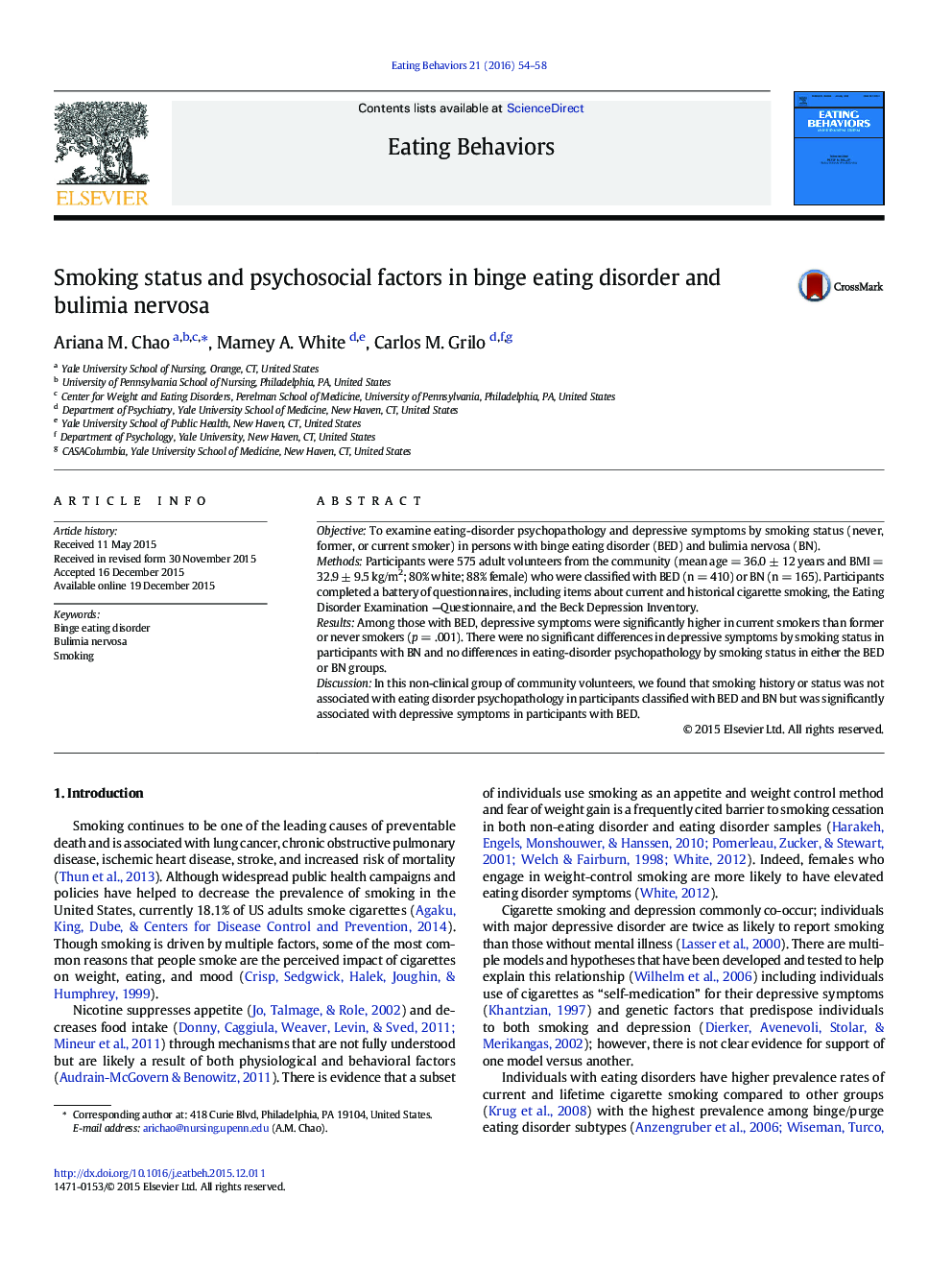 Smoking status and psychosocial factors in binge eating disorder and bulimia nervosa