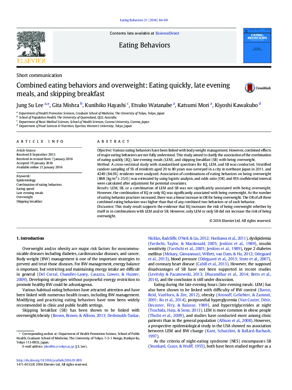 Combined eating behaviors and overweight: Eating quickly, late evening meals, and skipping breakfast