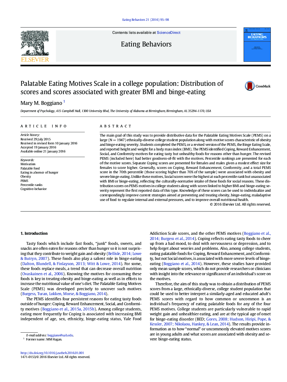 Palatable Eating Motives Scale in a college population: Distribution of scores and scores associated with greater BMI and binge-eating