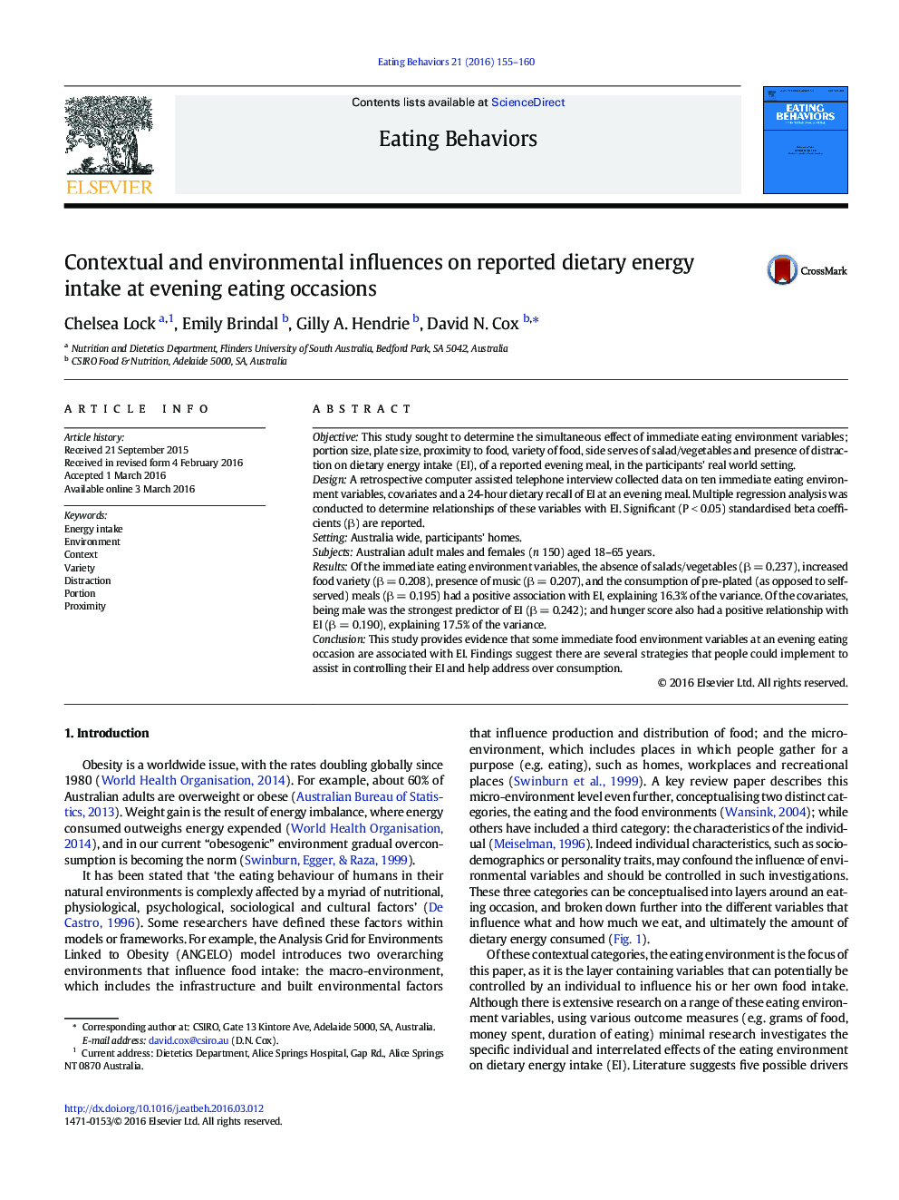 Contextual and environmental influences on reported dietary energy intake at evening eating occasions