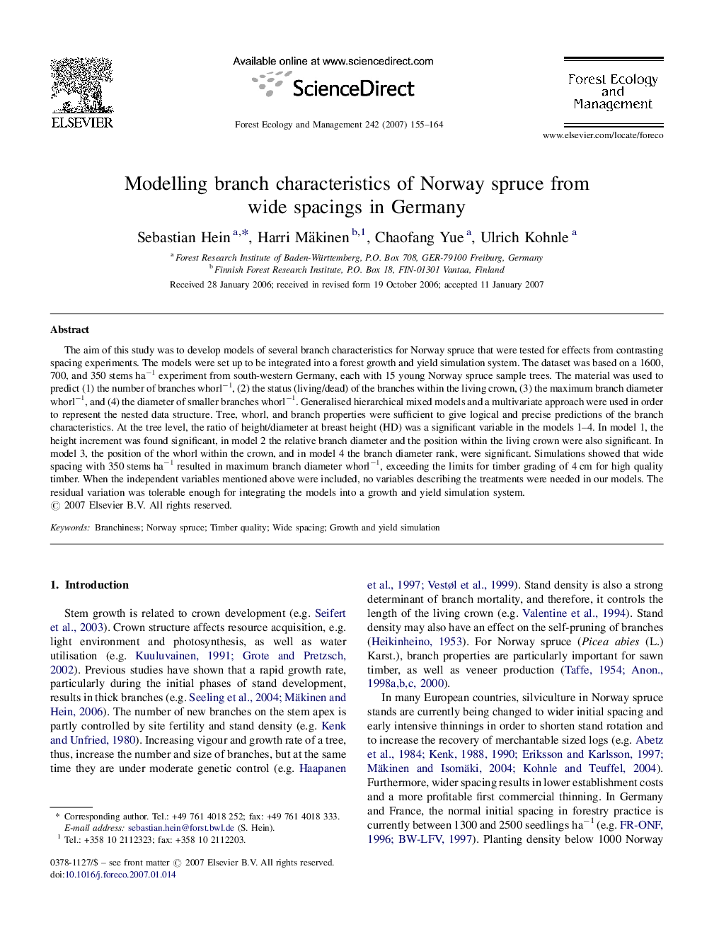 Modelling branch characteristics of Norway spruce from wide spacings in Germany