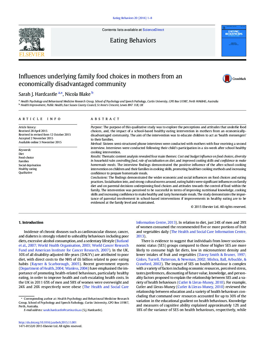 Influences underlying family food choices in mothers from an economically disadvantaged community