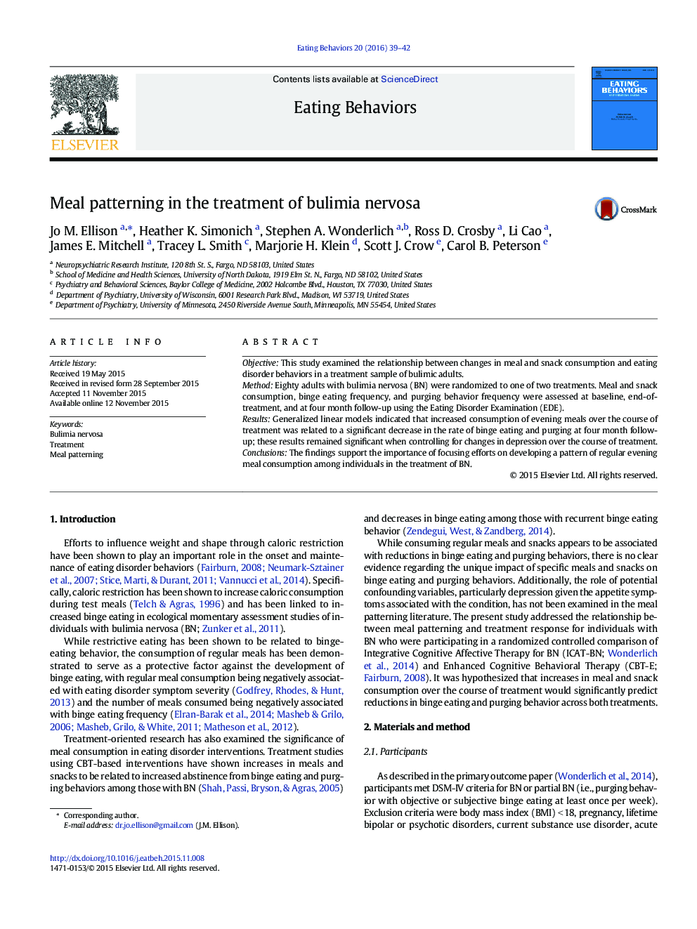 Meal patterning in the treatment of bulimia nervosa