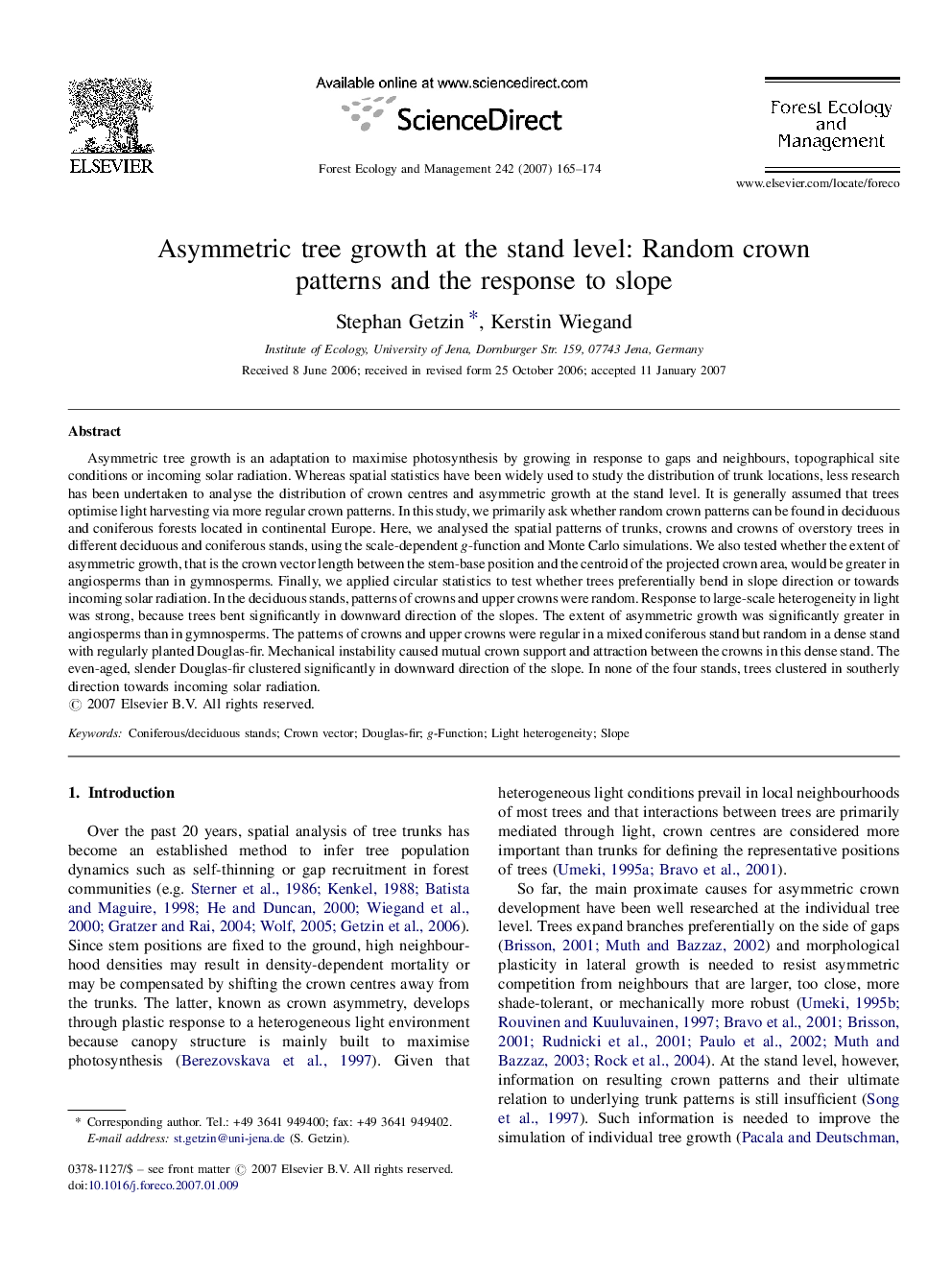 Asymmetric tree growth at the stand level: Random crown patterns and the response to slope