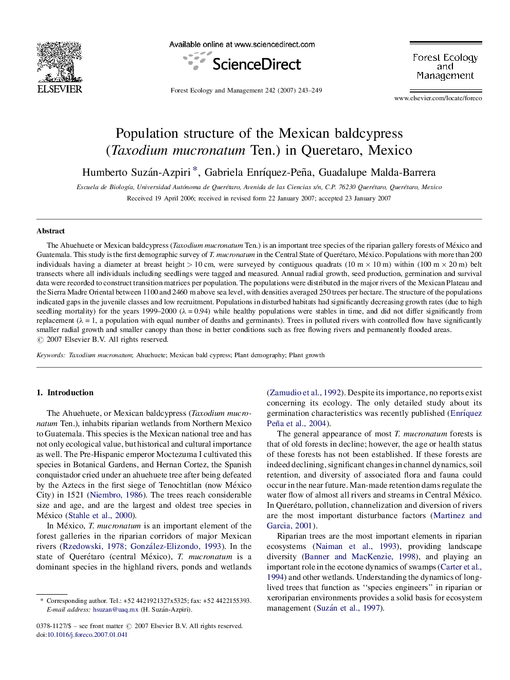 Population structure of the Mexican baldcypress (Taxodium mucronatum Ten.) in Queretaro, Mexico