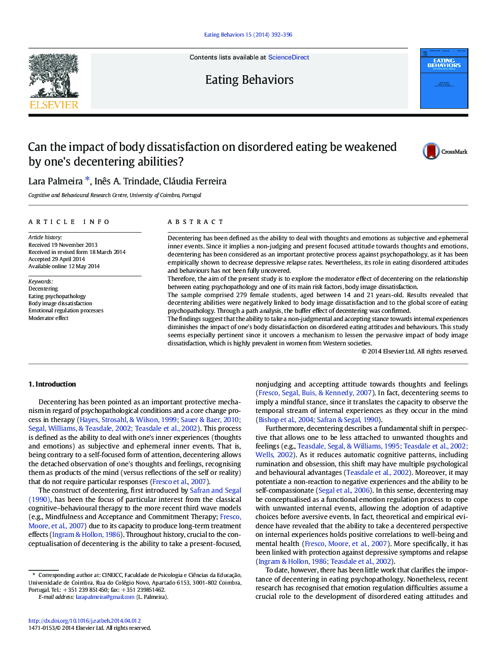 Can the impact of body dissatisfaction on disordered eating be weakened by one's decentering abilities?