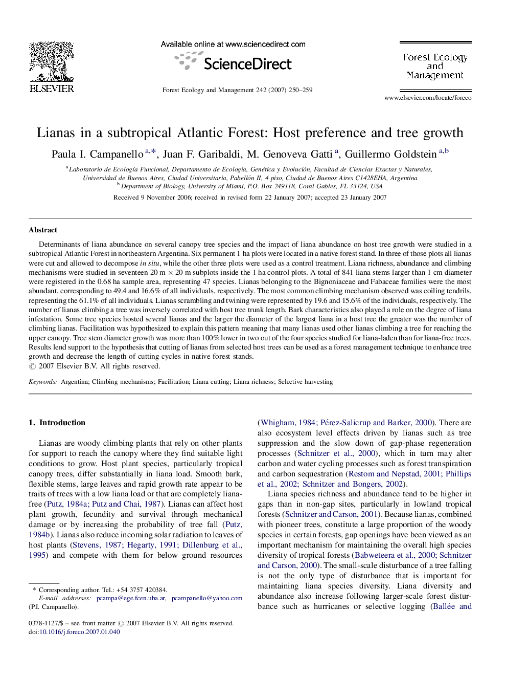 Lianas in a subtropical Atlantic Forest: Host preference and tree growth