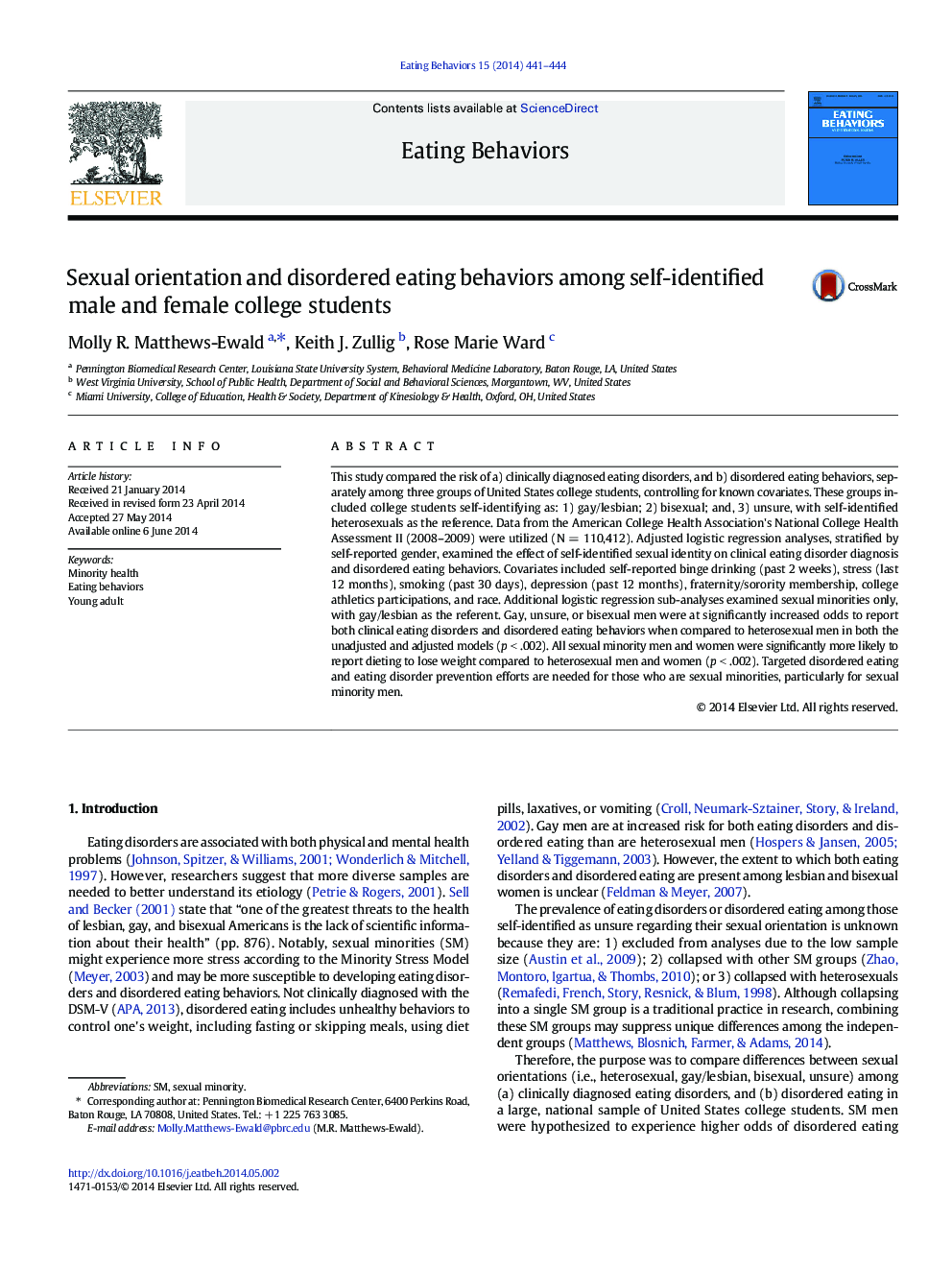 Sexual orientation and disordered eating behaviors among self-identified male and female college students