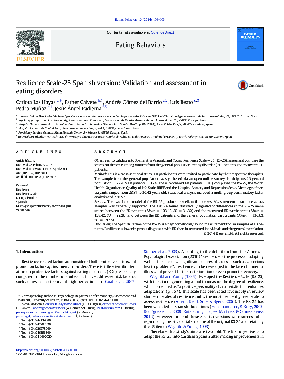 مقیاس انعطاف پذیری -25 نسخه اسپانیایی: اعتبار سنجی و ارزیابی در اختلالات خوردن 