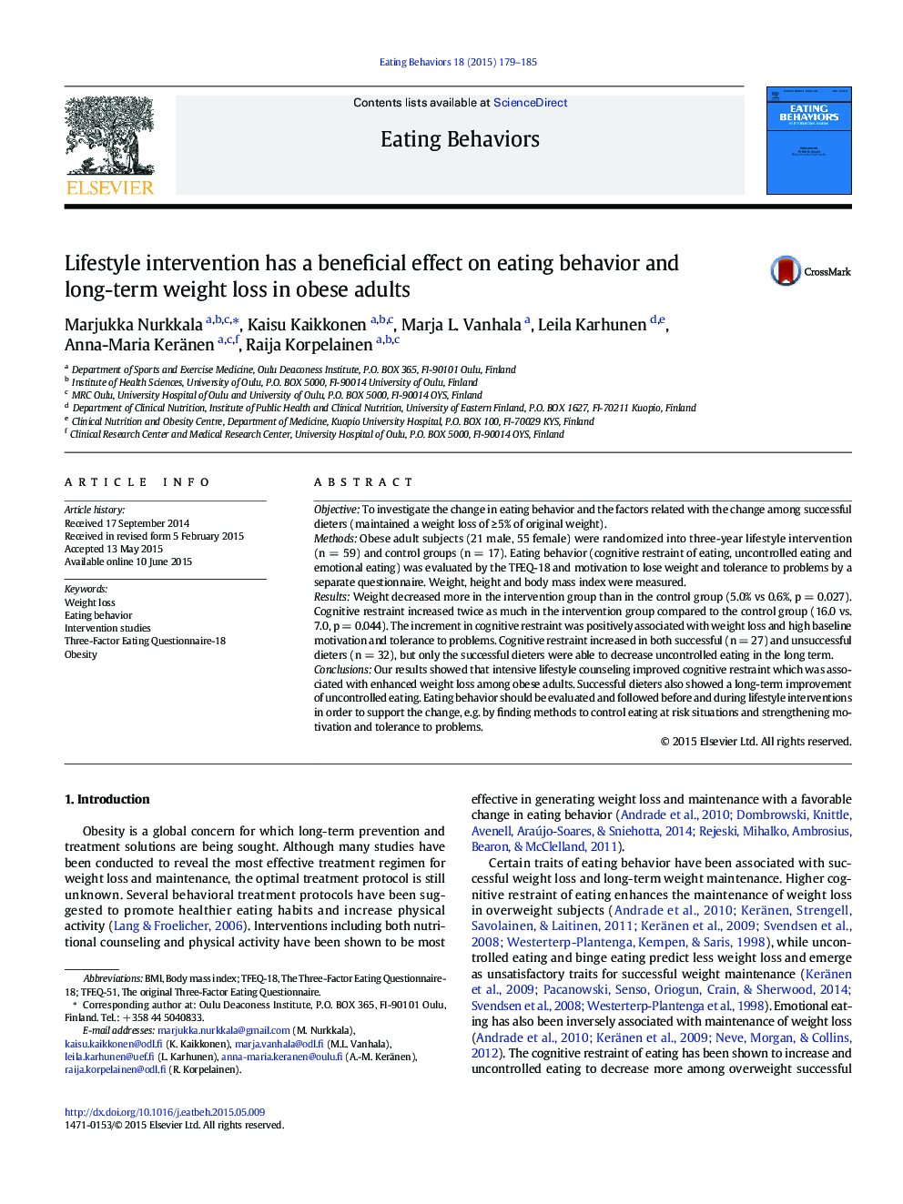 Lifestyle intervention has a beneficial effect on eating behavior and long-term weight loss in obese adults