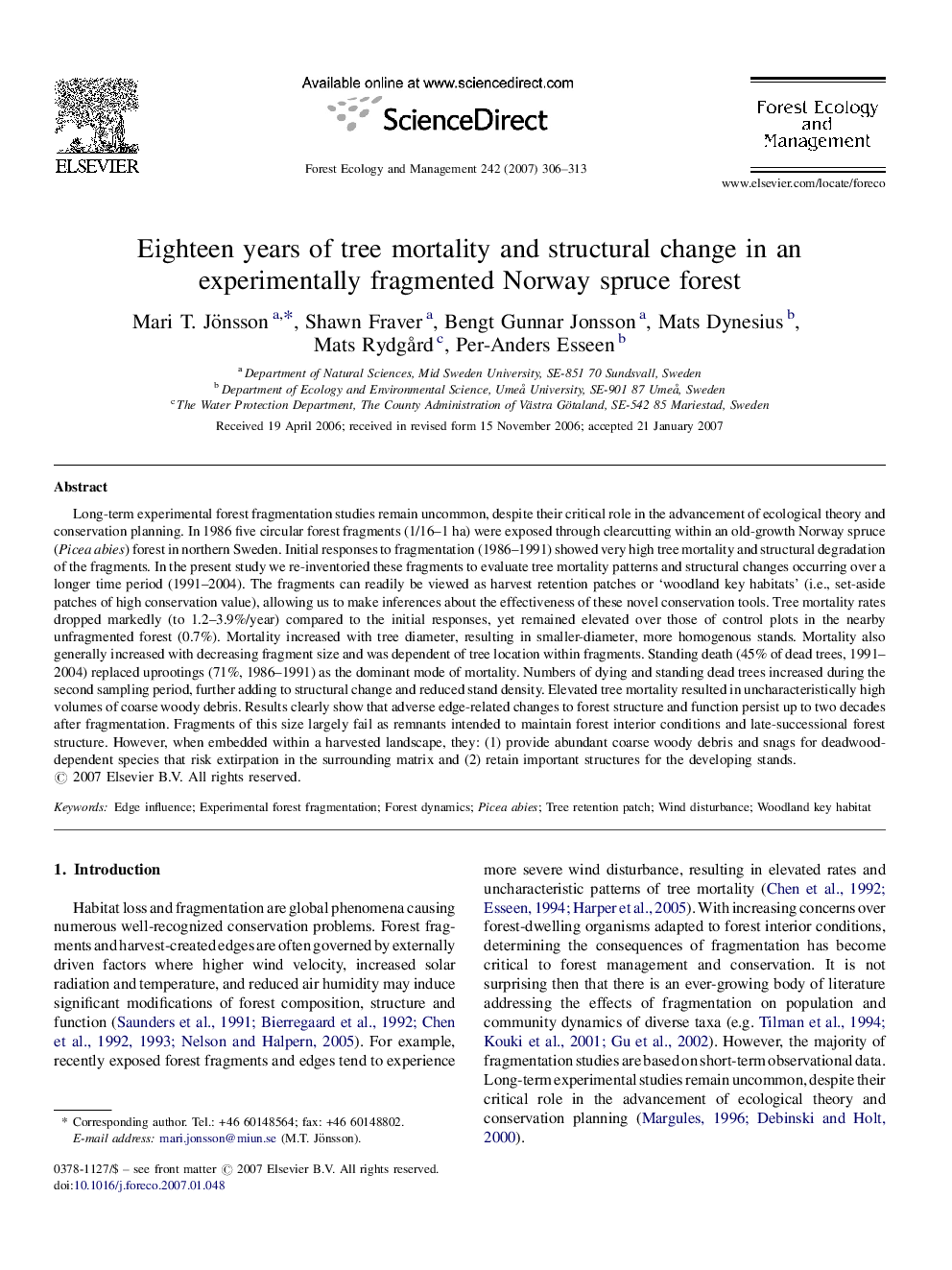 Eighteen years of tree mortality and structural change in an experimentally fragmented Norway spruce forest