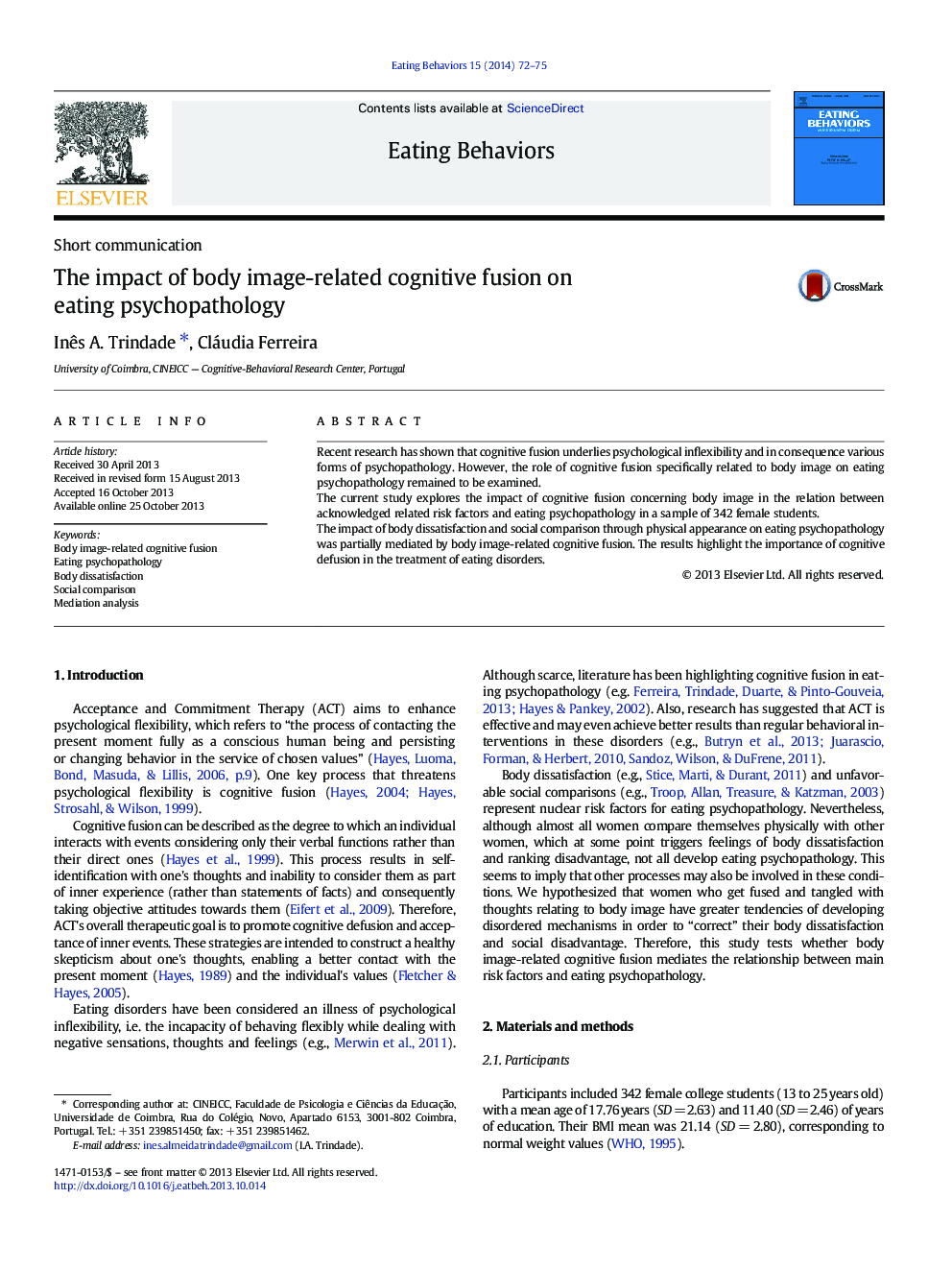 The impact of body image-related cognitive fusion on eating psychopathology