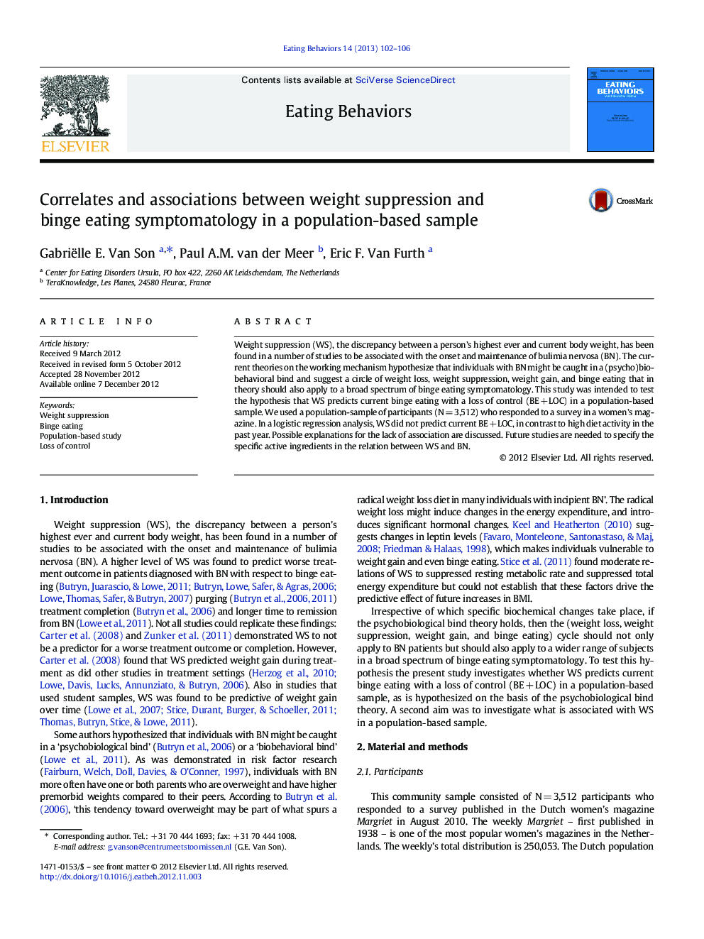 Correlates and associations between weight suppression and binge eating symptomatology in a population-based sample