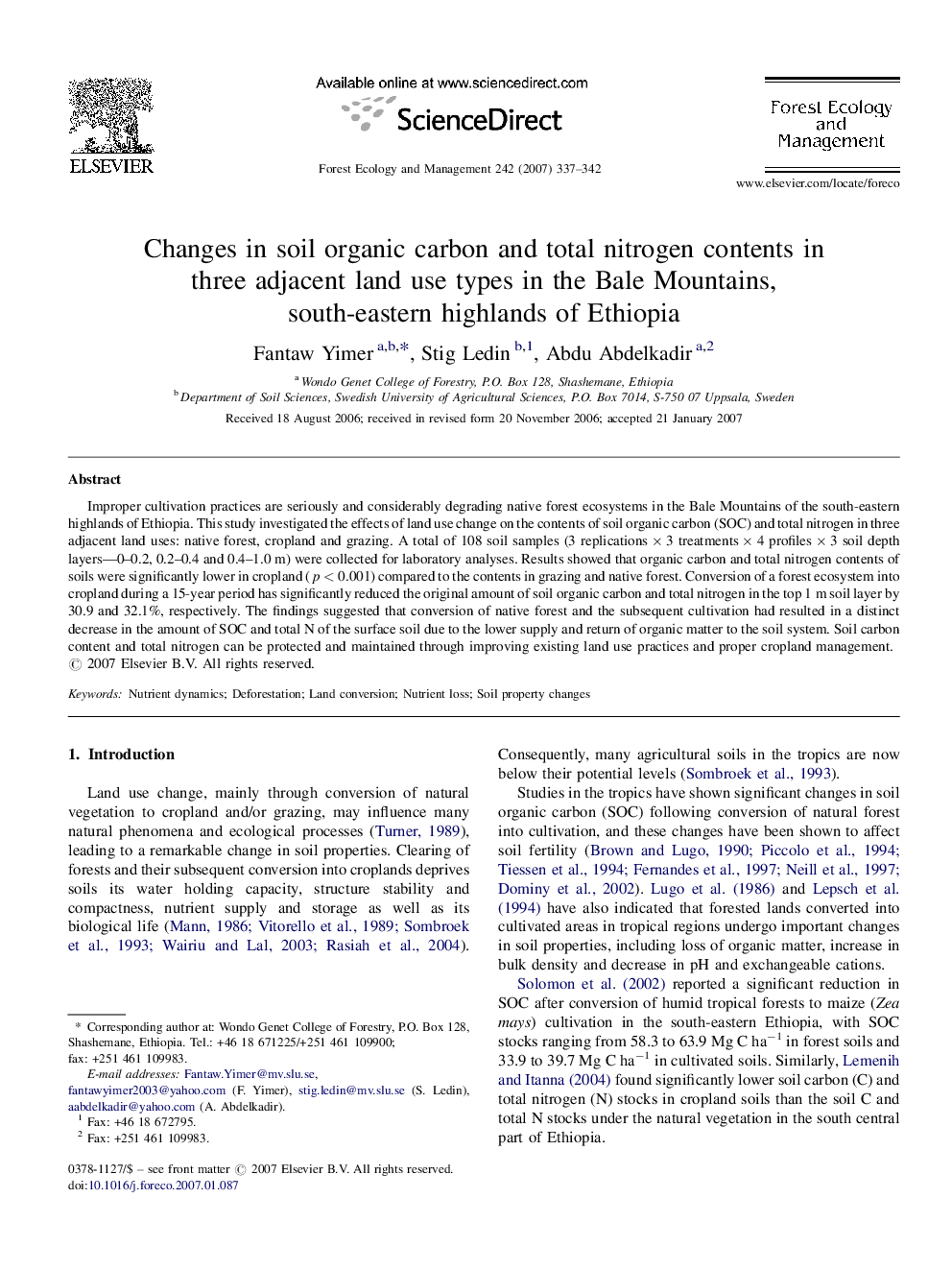 Changes in soil organic carbon and total nitrogen contents in three adjacent land use types in the Bale Mountains, south-eastern highlands of Ethiopia