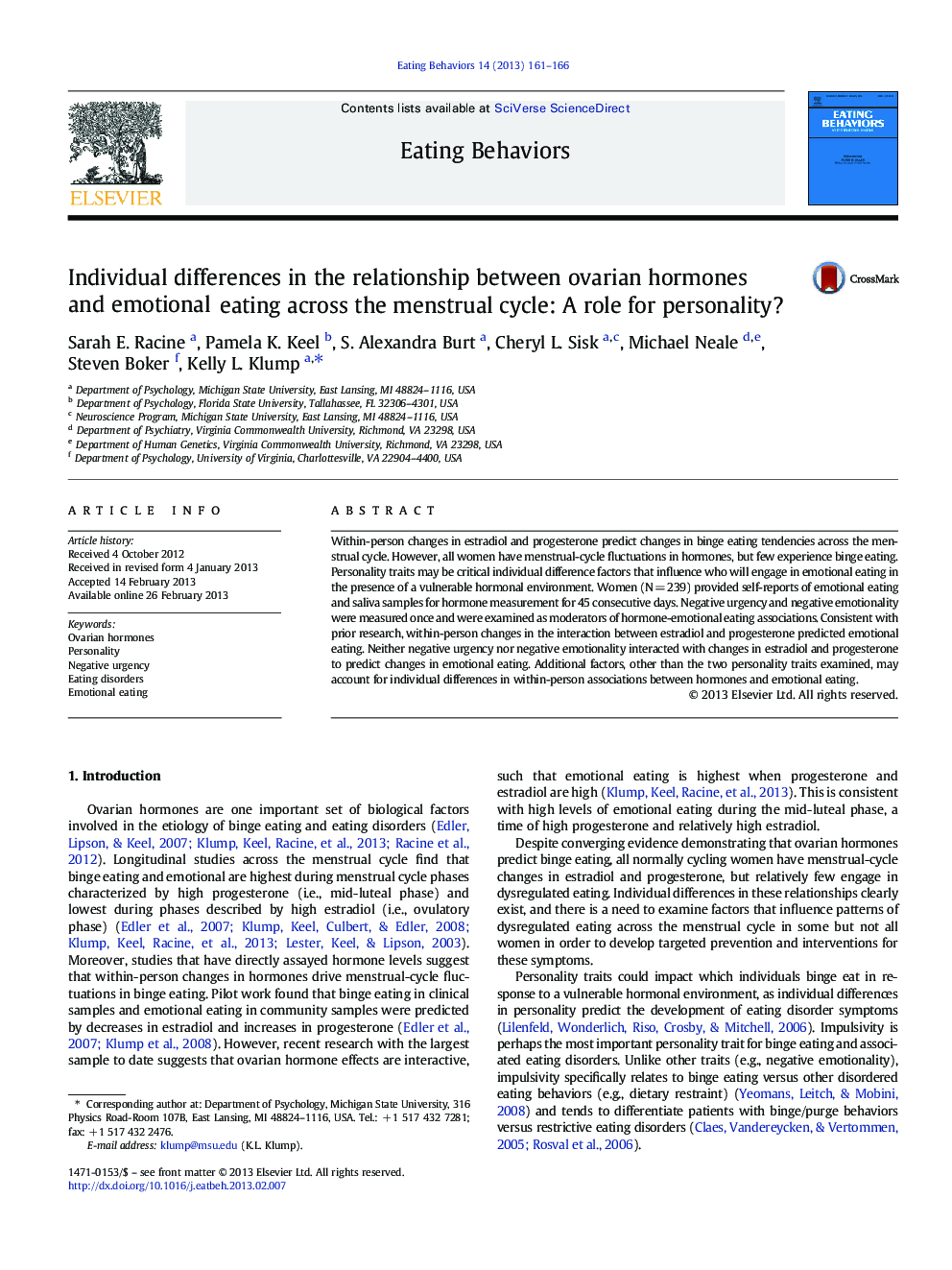 Individual differences in the relationship between ovarian hormones and emotional eating across the menstrual cycle: A role for personality?