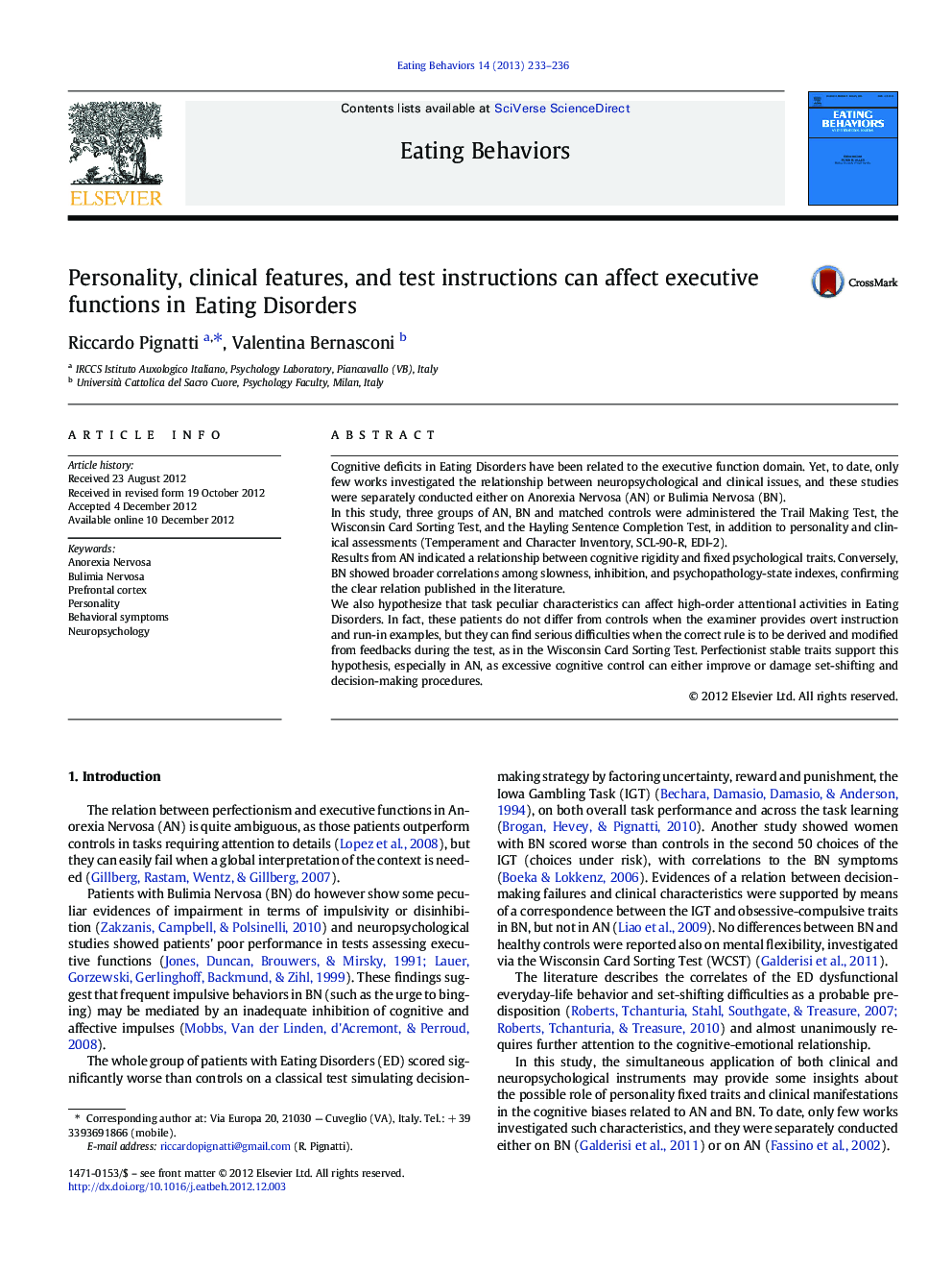 Personality, clinical features, and test instructions can affect executive functions in Eating Disorders