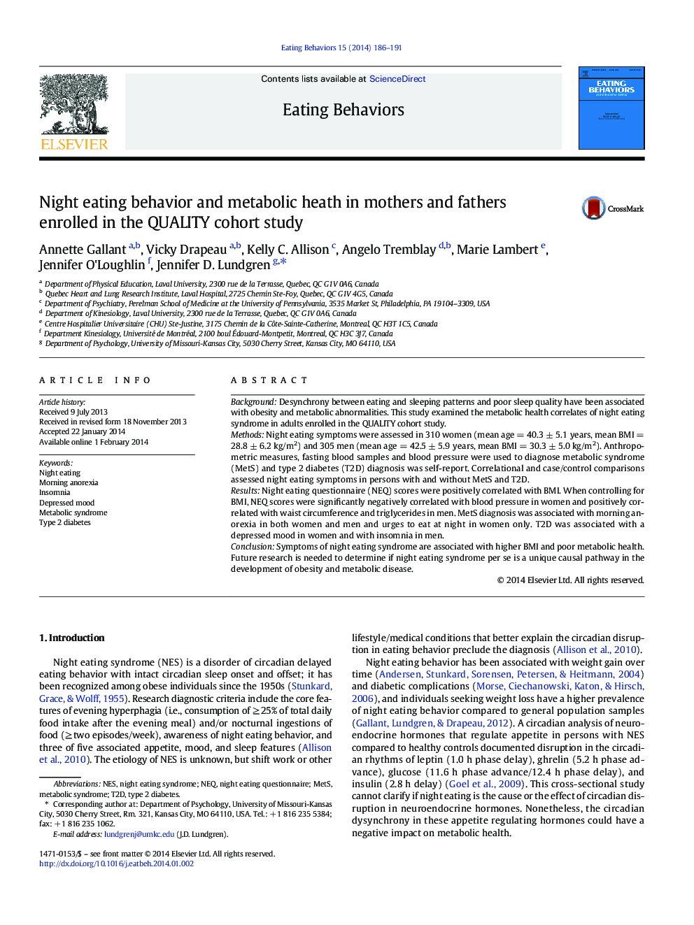 Night eating behavior and metabolic heath in mothers and fathers enrolled in the QUALITY cohort study